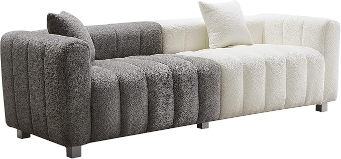 SZLIZCCC 87 Modern Upholstered Sofa Piano-Key Tufted Teddy Velvet Couch 3-Seater Comfortable Living Room &amp Office Sofa (Grey + White)