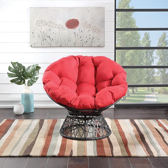 OSP Home Furnishings Wicker Papasan Chair with 360-Degree Swivel Grey Frame with Red Cushion
