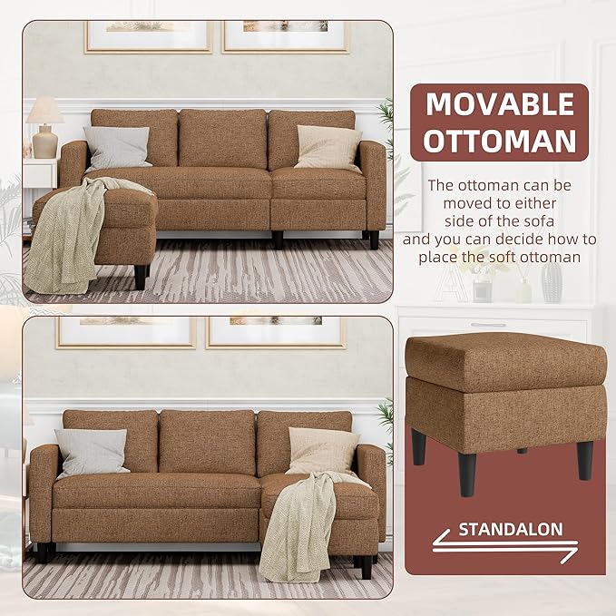JAMFLY Sectional Sofa Couch Convertible L Shaped Sofas with Ottoman Small Sectional Couches for Living Room 3 Seater Couch for Small Spaces Brown