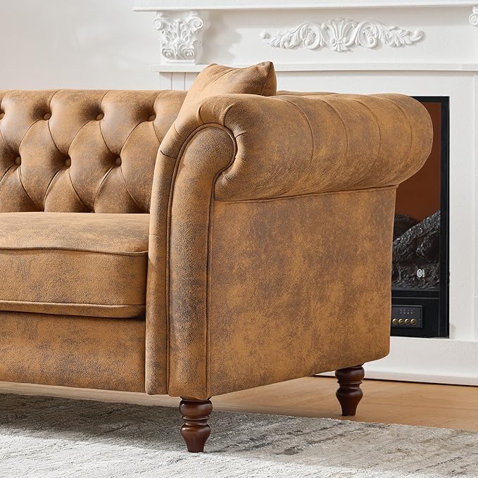 Modern Couch and Loveseat Sets Luxury Faux Leather Chesterfield Living Room Sofa Set Comfy Upholstered Deep Seat Sofa Furniture Set w/ Roll Armrest &amp Tufted Button for Office Juego De Sala Brow