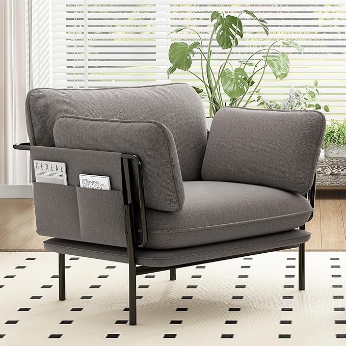 Modern Accent Chairs Set of 2 Oversized Living Room Chairs Reading Chair with Solid Metal Legs Fabric Armchair with Side Pockets and 2 Pillows Accent Chairs for Bedroom Nursery Khaki