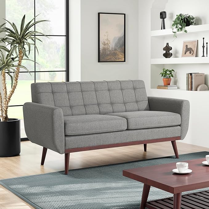 Serta® David 61.2 Modern Sofa Tufted Back Cushion Rounded Arms Solid Wood Legs Dream Coil® Comfort Woven Polyester Fabric Gray