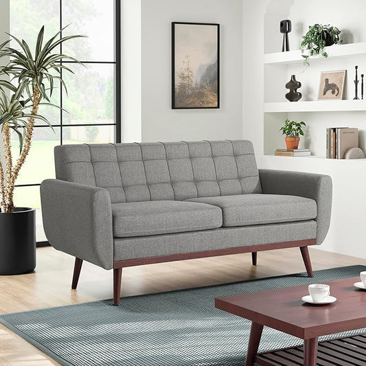 Serta® David 61.2 Modern Sofa Tufted Back Cushion Rounded Arms Solid Wood Legs Dream Coil® Comfort Woven Polyester Fabric Gray