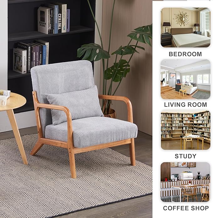 Mid-Century Modern Accent Chair with Throw Pillow Upholstered Fabric Armchair Solid Wood Frame Reading Chair for Living RoomBedroomReadingBalcony (Light Gray &amp Brown)
