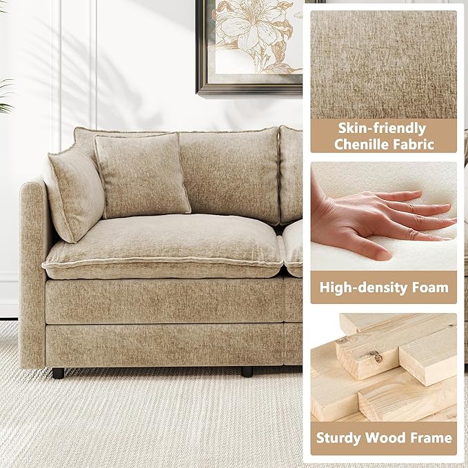 Aoowow Modular Sectional Sofa112.2 Inch Modern Deep 3-Seater Sofas Comfy Chenille Cloud Sofas and Couches with Pillows for Living Room Apartment（Camel）