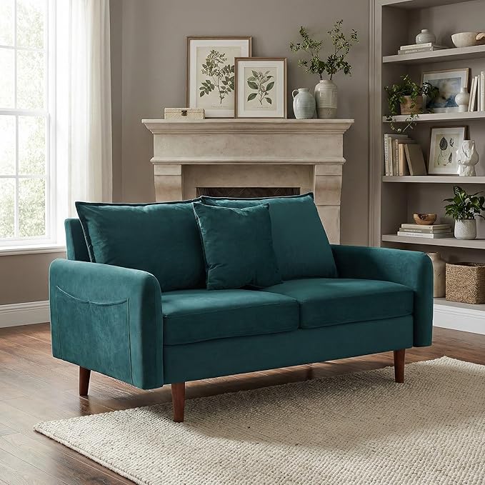 56.1 Round Arm Velvet Loveseat with Side Pockets and a Square Pillow (Dark Cyan) | Side Storage Pockets Pillow Included