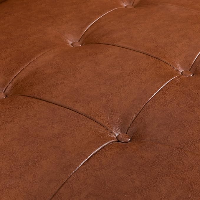 Christopher Knight Home Adelaide Mid-Century Modern Tufted Sofa with Rolled Accent Pillows Cognac Brown Dark Walnut and Gold