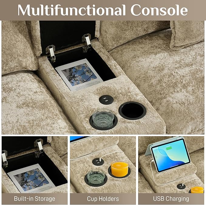 152 Oversized Modular Sectional Sofa U Shaped Cloud Couch Modern 6 Seat Sofa Set for Living Room Comfy Chenille Couch with Storage Central Console Movable Ottomans Cup Holders USB Ports Camel