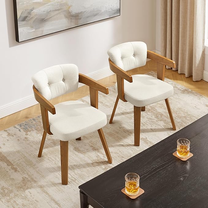 Art Leon Modern Dining Chairs - Set of 2 Mid Century Dining Chairs Fabric Upholstered Swivel Chairs Comfy Desk Chair No Wheels Accent Arm Chair for Kitchen Living Room Study Off White/Walnut