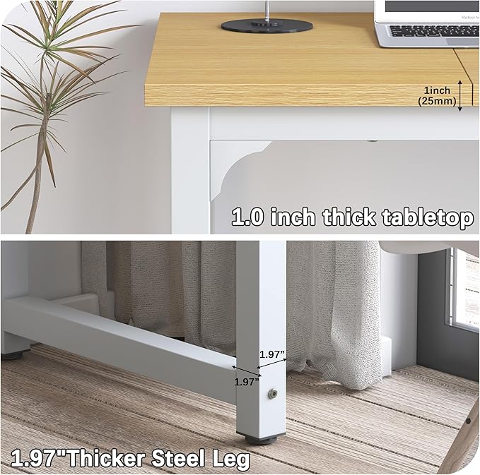 NSdirect 63 Computer DeskLarge Home Office Desk Wide Workstation 1 inch Thicker Tabletop for WritingGames and Home Work PC Desk Modern Finish Wood Board and Sturdy Steel LegsOak+White