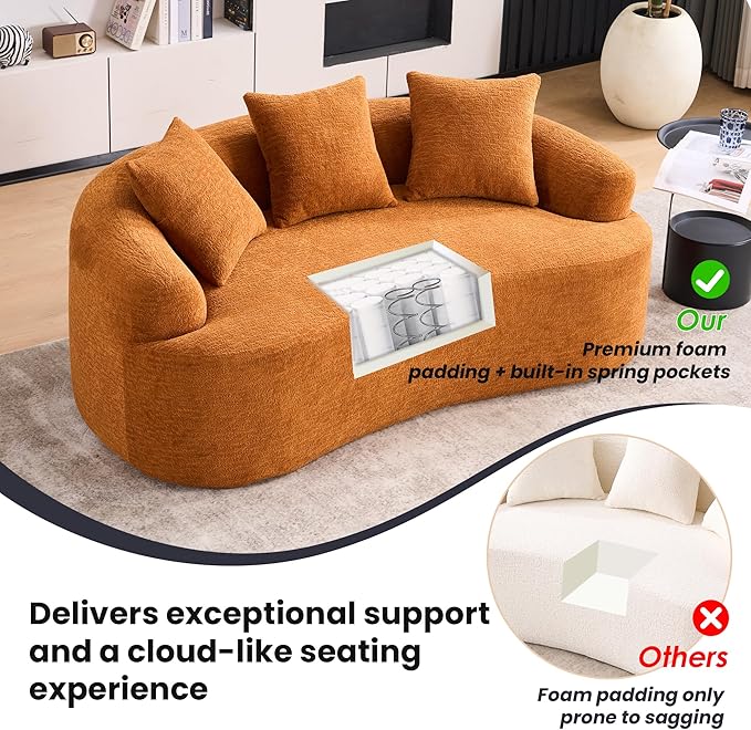 65 Curved LoveseatDeep Seat Cloud Floor Couch with 3 BackrestCozy Chenille FabricSmall Loveseat for Small SpacesBedroomOfficeApartment (Orange 65 Inch)