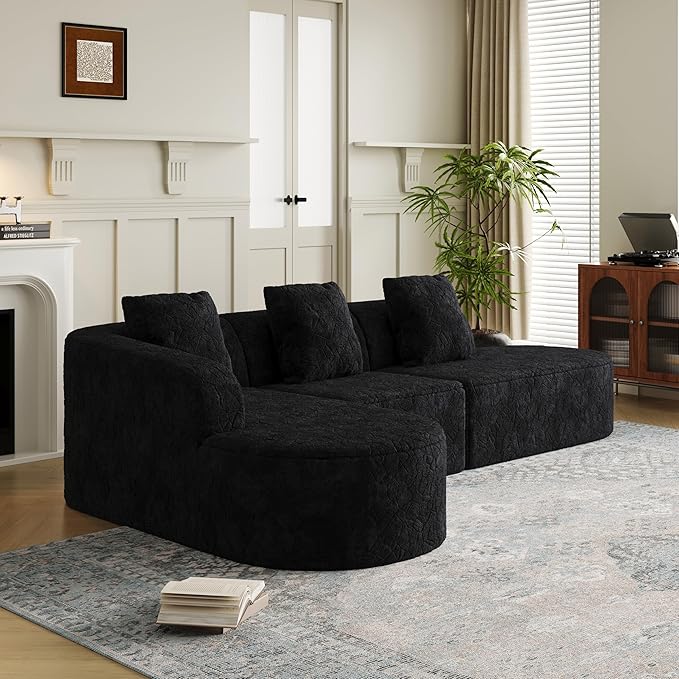 111.8' Curved Sectional Cloud Sofa Modern L Shaped Couch with Chaise &amp Pillows Comfy Upholstered Deep Seat Compression Boneless Sofa for Living Room Office No Assembly Required Left Facing Bl