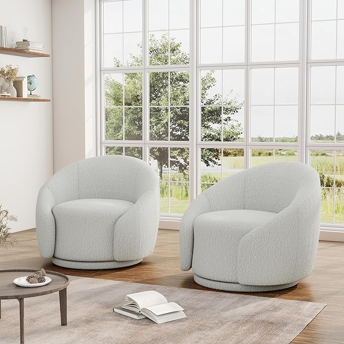 Swivel Barrel Accent Chair 360° Small Round Sofa Chair Comfy Modern Reading Armchair for Living Room Bedroom (Boucle White Set of 2)