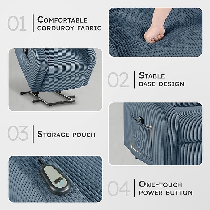 Lexicon Power Lift Recliner Chair for Elderly with Remote Control Gentle Lift Motion Side Pocket Armrest Corduroy Upholstered Electric Recliner for Living Room/Bedroom Easy Assembly Midnight Blue