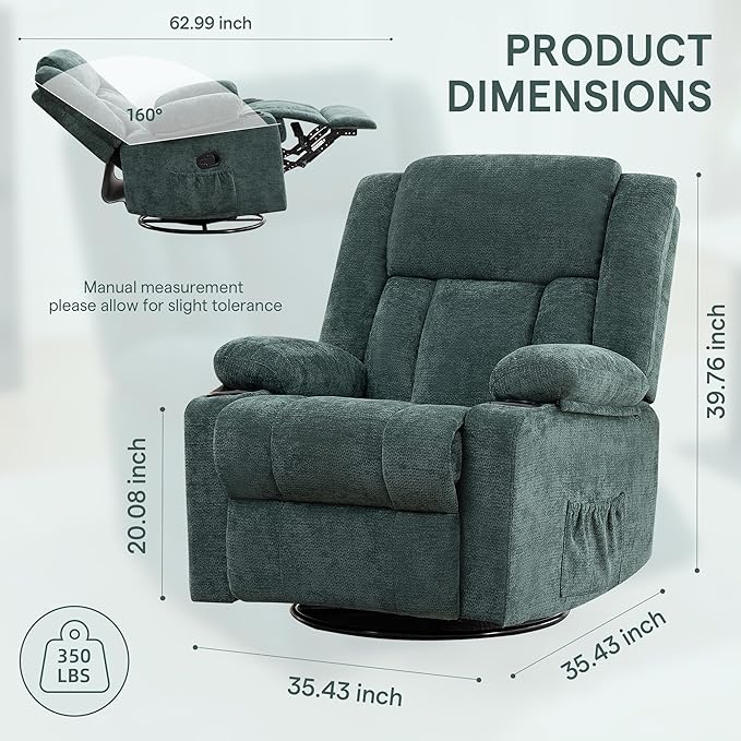 Swivel Rocker Recliner for Adults Manual Lazy Boy Recliner Chair with Cup Holders 360 Degree Rotating Nursery Rocking Chair Glider Recliner for Living Room (Green)