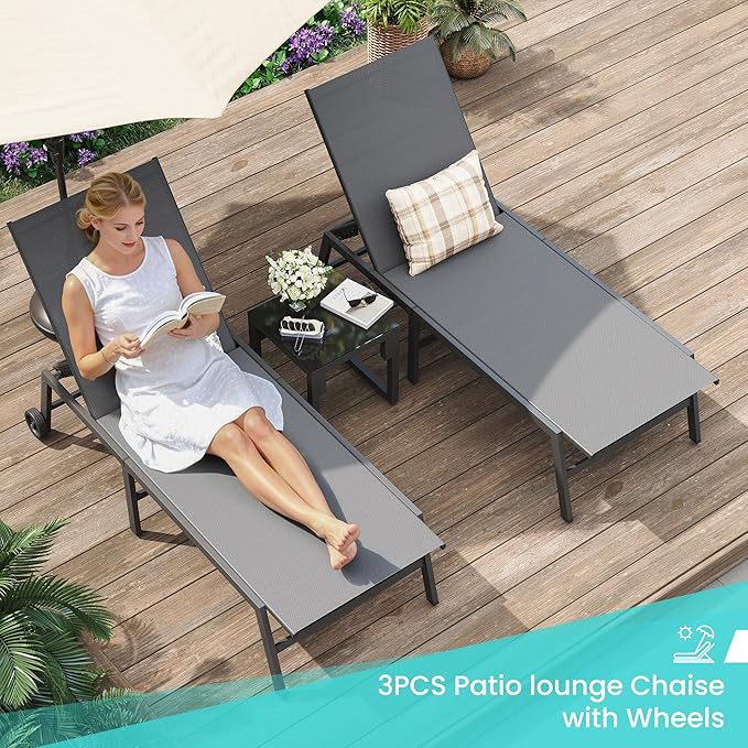 Amopatio 3 Piece Patio Lounge Chairs Set 2 Pool Chaise Lounges with Wheels and 1 Side Table 5-Position Adjustable Lounge Furniture with Heavy-Duty Steel for Backyard Poolside400 LBS CapacityGray