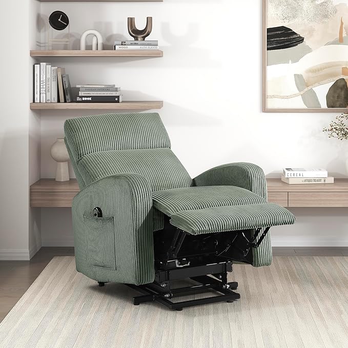 Lexicon Power Lift Recliner Chair for Elderly with Remote Control Gentle Lift Motion Side Pocket Armrest Corduroy Upholstered Electric Recliner for Living Room/Bedroom Easy Assembly Green