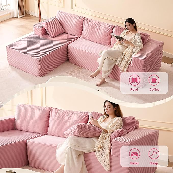 107 Boneless Couch with Deep Seat Set of Modular Sectional Sofa Cloud Sectional Couch for Living Room No Assembly Required Corduroy L-Shape Left Pink