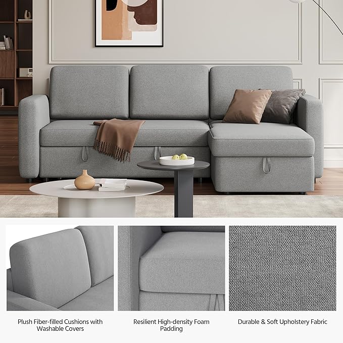 Yaheetech Sectional Sofa L-Shaped Sofa Couch Bed w/Chaise &amp USB Reversible Couch Sleeper w/Pull Out Bed &amp Storage Space Living Room Light Gray