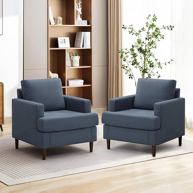 Mid-Century Accent Chair Comfy Upholstered Reading Accent Chairs for Bedroom Modern Linen Fabric Armchair for Living Room Single Sofa Chair with Wood Legs (Blue Grey 2 Pack)