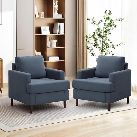 Mid-Century Accent Chair Comfy Upholstered Reading Accent Chairs for Bedroom Modern Linen Fabric Armchair for Living Room Single Sofa Chair with Wood Legs (Blue Grey 2 Pack)