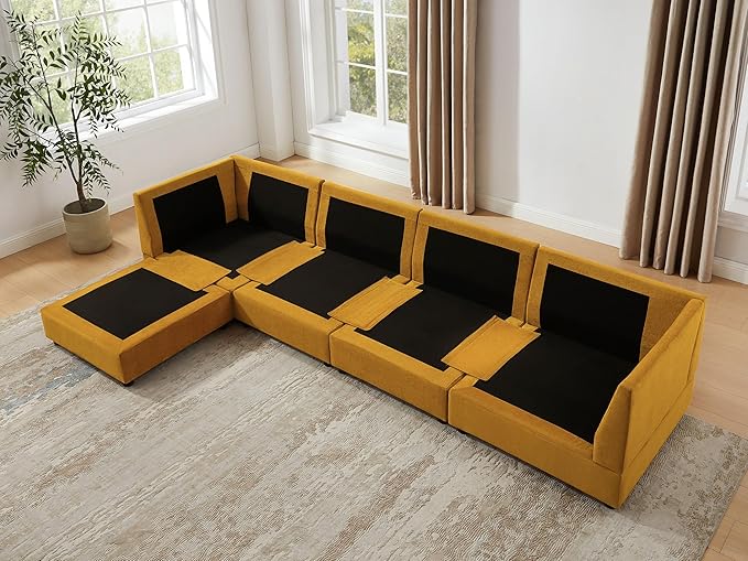 VANOMi L Shape Modular Sectional Sofa Couch for Living Room Oversized Modern Sleeper Cloud Couch with Deep Seat Double-Layer Thick Cushion Movable Ottoman Convertible Upholstered Sofa Set Curry