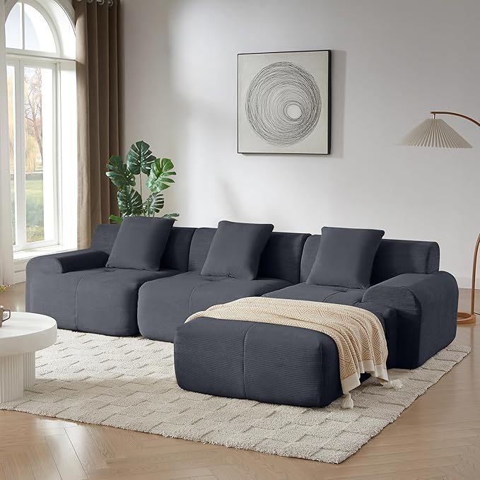 113 Cloud Compressed Modular Sectional Sofa Boneless Couch for Living Room Modern Corduroy Upholstered L-Shaped Corner Couch with Reversible Ottoman for Apartment | Deep Seat Wider Armrest Free Co