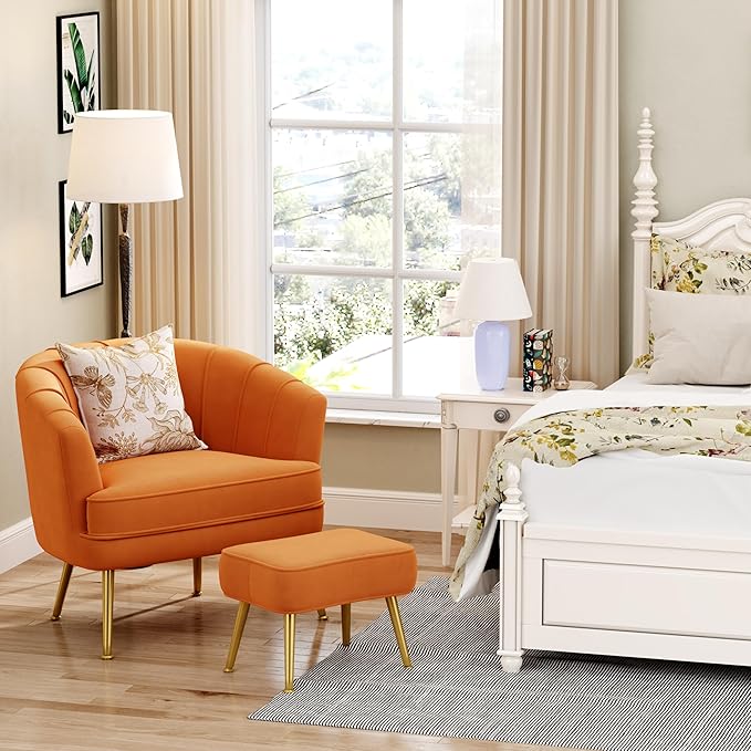 Andeworld Velvet Accent Chair with OttomanUpholstered Modern Single Sofa Side ChairComfy Barrel Club Living Room Armchair with Golden Metal Legs for Bedroom Living Reading Room OfficeCaramel Orange
