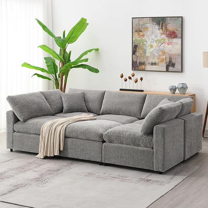 130-Inch Sectional Modular Cloud Sofa Couch Oversized 6 Seat Upholstered Chenille U Shaped Sofa Couches with Movable Ottoman 2 Throw Pillows for Living RoomOffice
