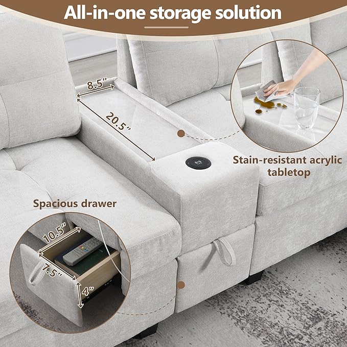 104'' Modular Sectional Sofa with 2 Tech Consoles Oversized U Shaped Couch Set with USB Charger Storage Movable Ottoman Chenille Large Sectional Couches for Living Room (Beige)