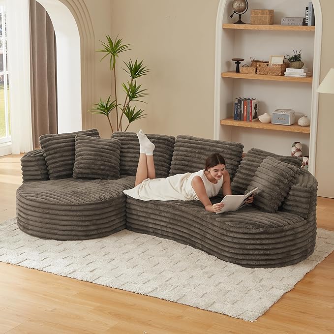 Modern Boneless Curved Sectional Sofa Oversized Minimalist L-Shape Corduroy Sponge Sofa with Round Chaise Comfy Sleeper Couch for Living Room Apartment Reception Spaces 4 Seat Brown Left Chaise