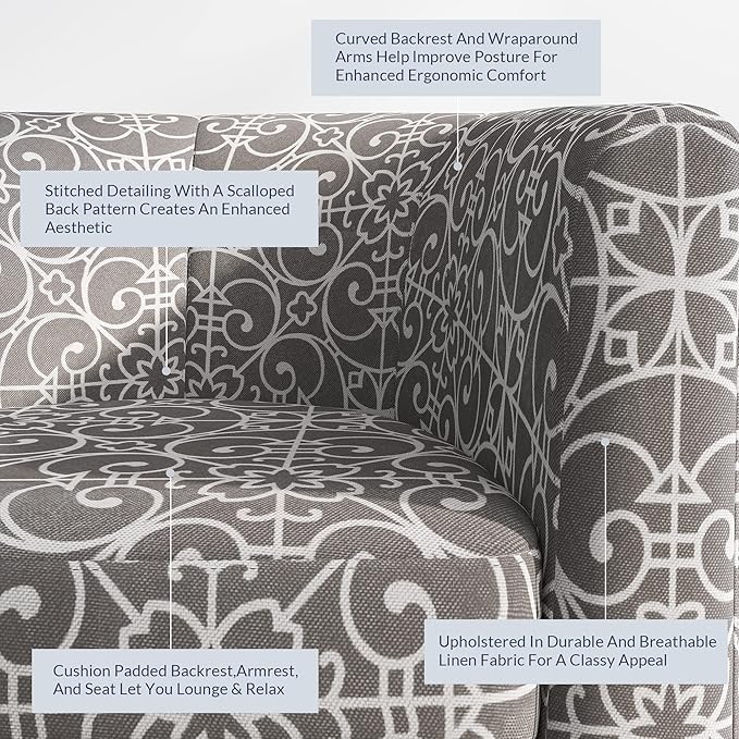 BELLEZE Accent Barrel Chair Linen Round Chair Club Tub Sofa Corner Chair with Flared Legs and Cozy Soft Padding for Living Room Bedroom Waiting Room - White &amp Gray