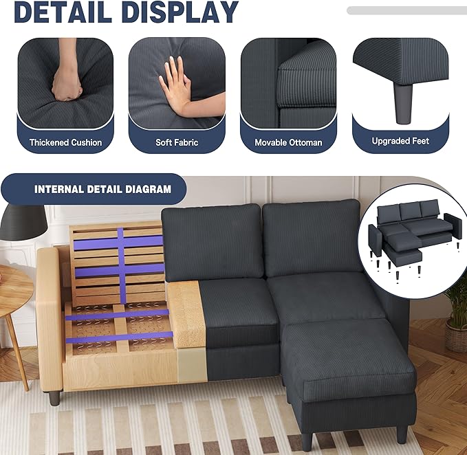Shintenchi Modern Upholstered Sectional Sofa L-Shaped Couch with Reversible Chaise for Living Room New Corduroy Fabric