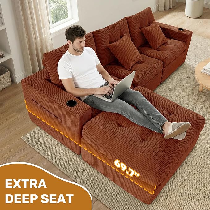 113 Modular Sectional Sofa for Living Room Convertible L-Shape Couch with OttomanCloud Boneless Couch with Layered CushionReddish Brown Corduroy
