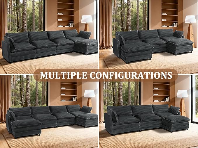 115'' Modular Sectional Sofa Comfy Cloud Couch with Movable Ottoman Deep Seat Corduroy U Shaped Modular Sofa Sectional Couches for Living Room Bedroom and Apartment Dark Grey