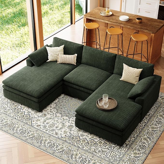Belffin Large Modular Sectional Sofa with Double Deep Chaise 104 Corduroy U Shaped Couch with 9 Soft Dual-Layer Seats Cushion Sectional Couches for Living Room Apartment Green