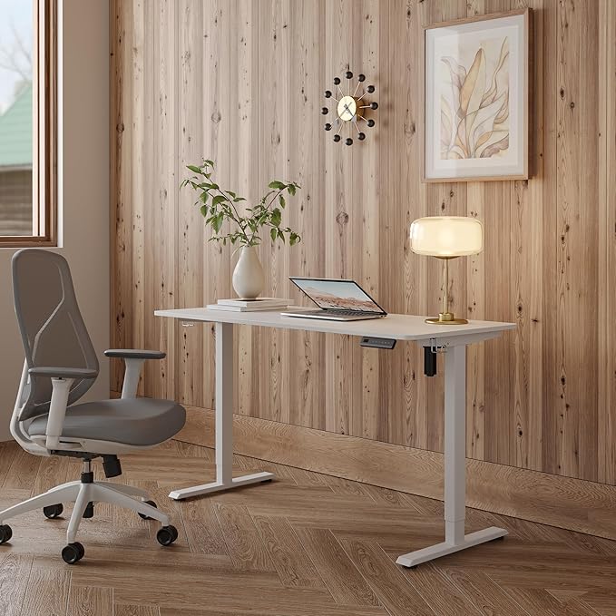 FEZIBO One-Piece Standing Desk Adjustable Height Stand up Home Office Desk 48x24 Inch Electric Standing Computer Desk with 4 Memory Presets Headphone Hook White