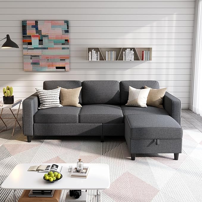 Sectional Sofas Couches for Living Room 78 L-Shaped Small Couch - Modern Linen Dark Grey Sofa with Storage Ottoman for Apartments Studios Home Offices Small Space