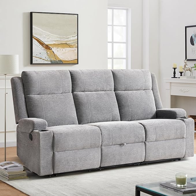 Large Manual Reclining Sofa – 3-Seater Chenille Reclining Couch with Cup Holders Wide Seat Easy Assembly &amp Spill-Resistant Fabric – Cozy Reclining Sofa for Living Room Apartment RV
