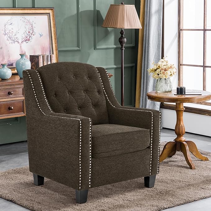 MCombo Modern Accent Chair with High Legs Chenille Upholstered Single Sofa Chair with Tufted Button Back &amp Ergonomic Armrests Solid Wood Legs for Living Room Bedroom 4260 (Brown)