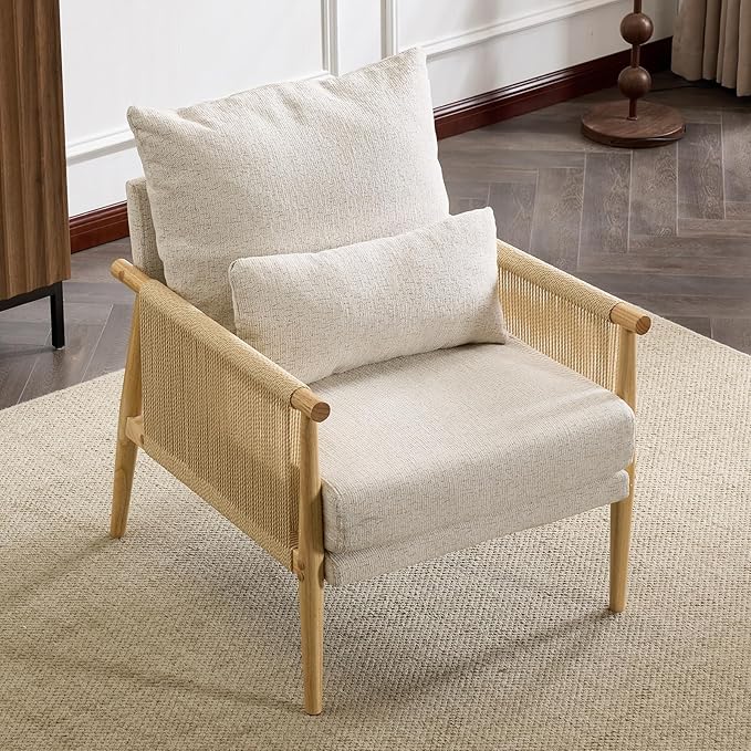 Karl home Cozy Chenille Accent Chair with Lumbar Pillow &amp Rattan Arms Modern Lounge Chair for Living Room Bedroom Reading Nook Gray
