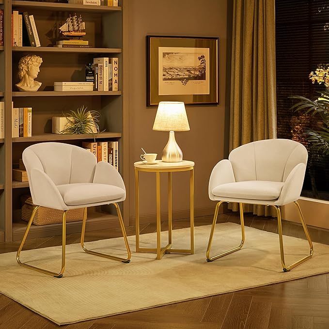 Yaheetech Velvet Living Room Chair Flower Shaped Armchair with Golden Legs Upholstered Side Chair for Vanity Room Living Room Kitchen Set of 2 White