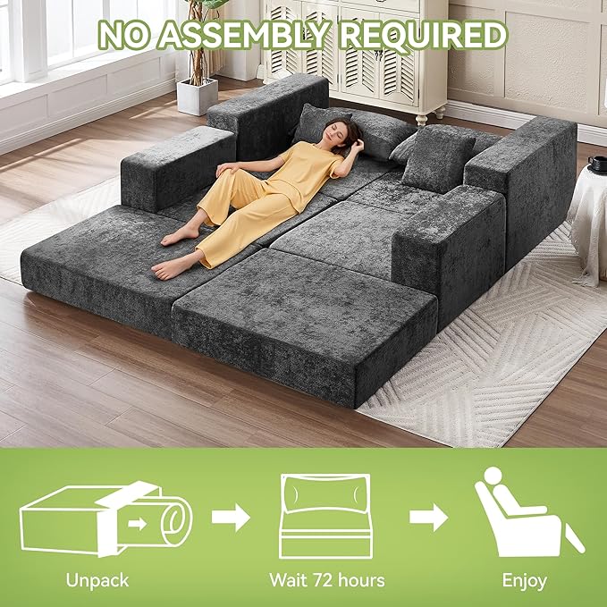 79 Boneless Cloud Loveseat Sofa Couch Modular Foldable Floor Sofa with Ottoman Chenille Lounge Convertible Sofa Bed for Living Room No Assembly Dark Grey