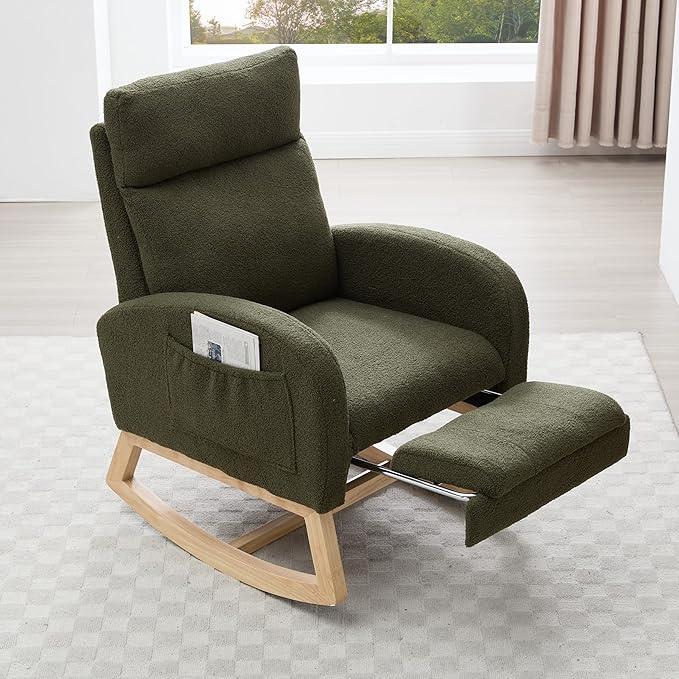 Setawix Teddy Rocking Glider Chair with Footrest for NurseryUpholstered Living Room Rocker Arm ChairLeisure Rocking ArmchairMid Century Modern Rocking Accent Chair with Side Pockets (Teddy Green)
