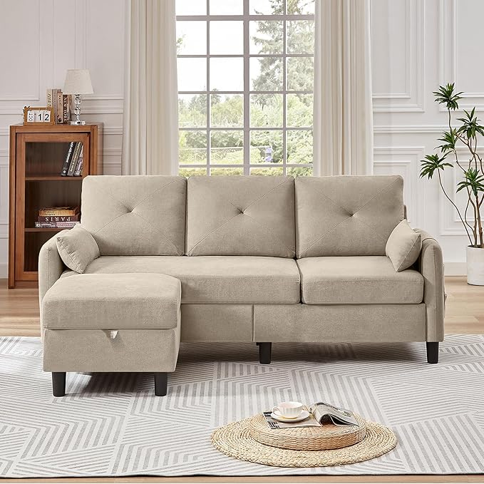 Convertible Sectional Sofa 77 Small L Shaped 3 Seat Couch with Reversible Storage Chaise Modern Polyester Fabric Sofa Couches for Living Room Apartment and Small Space Beige