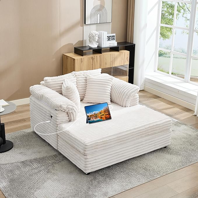 Oversized Chaise Lounge Chair Indoor Upholstered Sofa Bed with Throw Pillows and Armrests Comfy Corduroy Sleeper Couch with Cup Holders and Charging Port for Living Room Bedroom 60 Inch Wide White