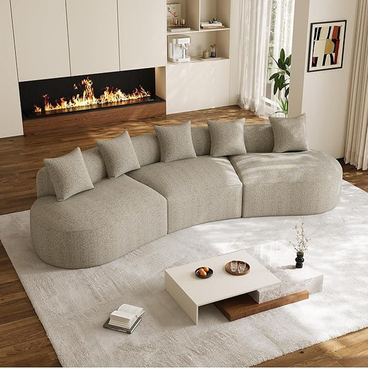 134 Oversized Sectional Sofa for Living Room Modern Luxury Plush Chenille 4-Seater Extra Deep &amp Wide Seat Curved Cloud Couch with 5 Throw Pillows No Assembly Needed Light Brown
