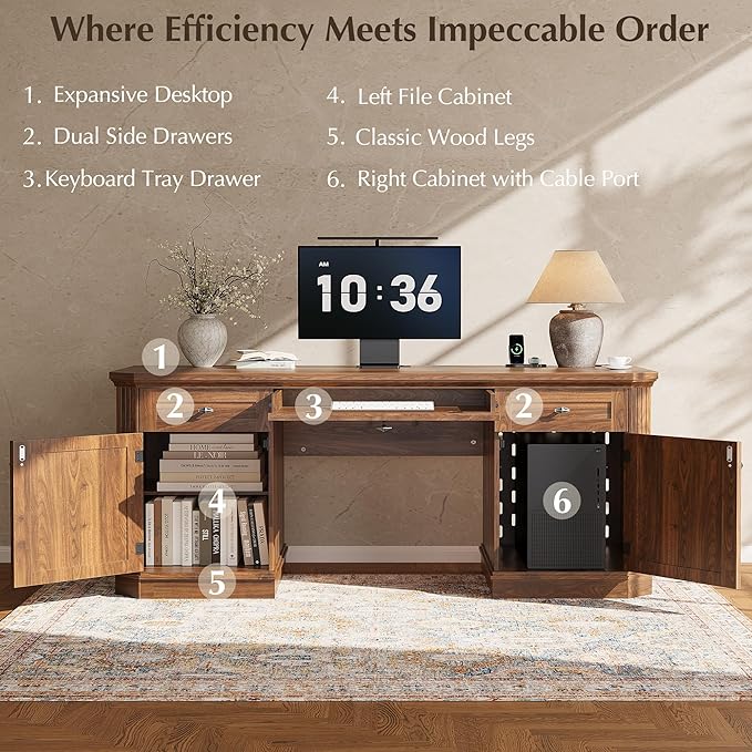 59 Classic Executive Desk with Storage Victorian Executive Desk with Charging Station Keyboard Tray 3 Drawers &amp 2 Cabinet Storage &amp 2 Pedestals Easy Assembly Dark Walnut
