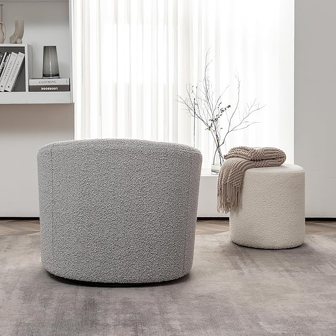 KINWELL 34 Boucle Swivel Barrel Chair with 18 Round Ottoman Set Fully Assembled Set of Sherpa Accent Chair and Footrest Modern Comfy Armchair and Footstool for Living Room and Bedroom Black White