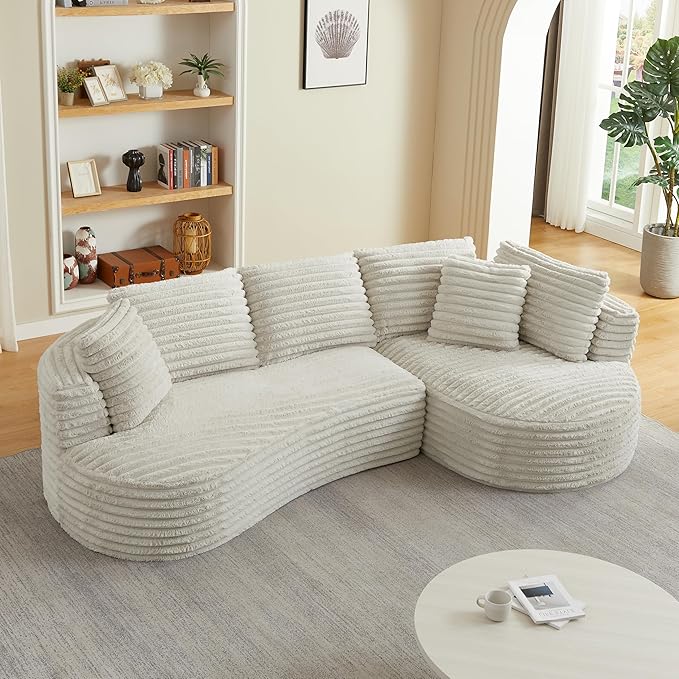 Modern Boneless Curved Sectional Sofa Oversized Minimalist L-Shape Corduroy Sponge Sofa with Round Chaise Comfy Sleeper Couch for Living Room Apartment Reception Spaces 4 Seat Ceam Right Chaise